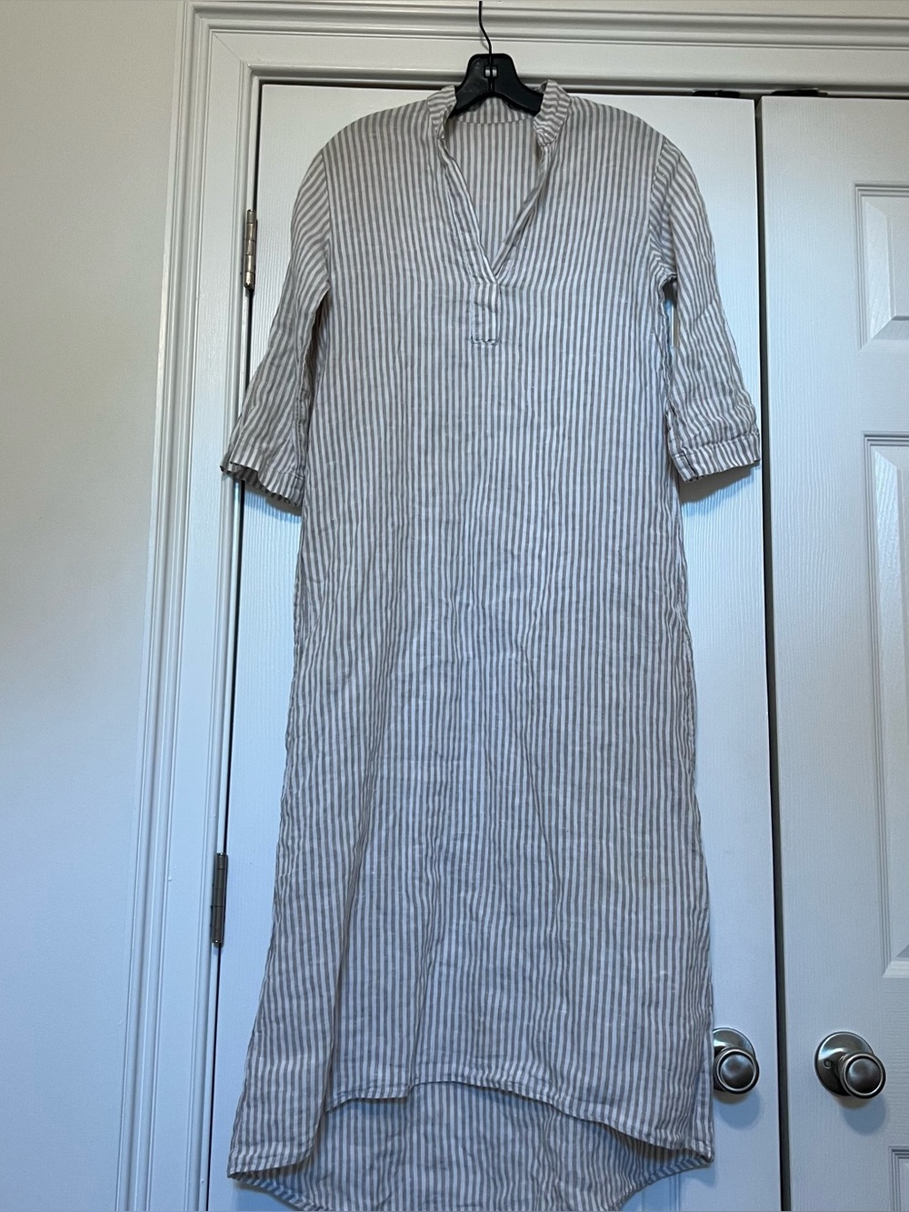 Len Okay Striped 100% Linen Long Dress in Taupe size XS 3/4 sleeve